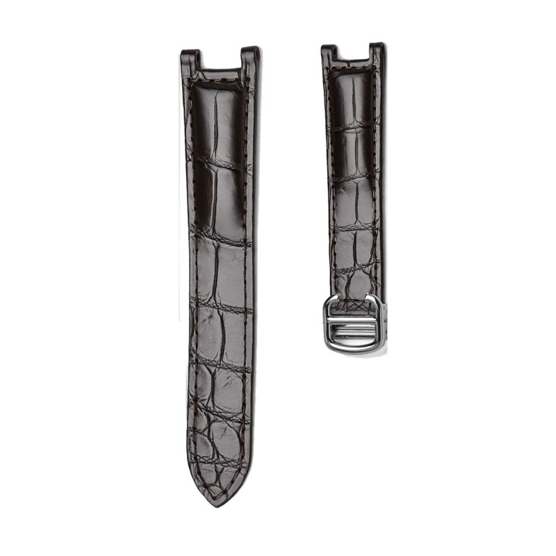 Dark Brown Alligator Leather Watch Strap Front View With Silver Buckle For Cartier Pasha WSPA0013 WJPA0012