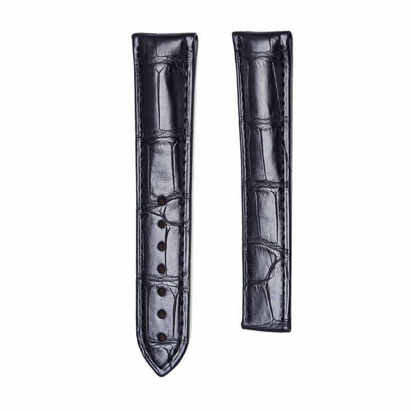 Black Glossy Alligator Leather Watch Strap With Deployant Buckle For Omega De Ville Ref