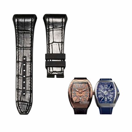 Black cane grain alligator leather watch strap with black stitch rubber base for Franck Muller Men's Collection V45 SC DT YACHTIN