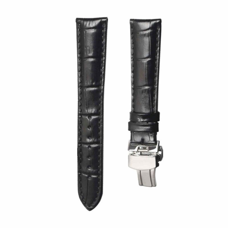 Black cane grain calf leather watch strap silver buckle for Glashutte Original Senator 1‑39‑59‑01‑02‑04