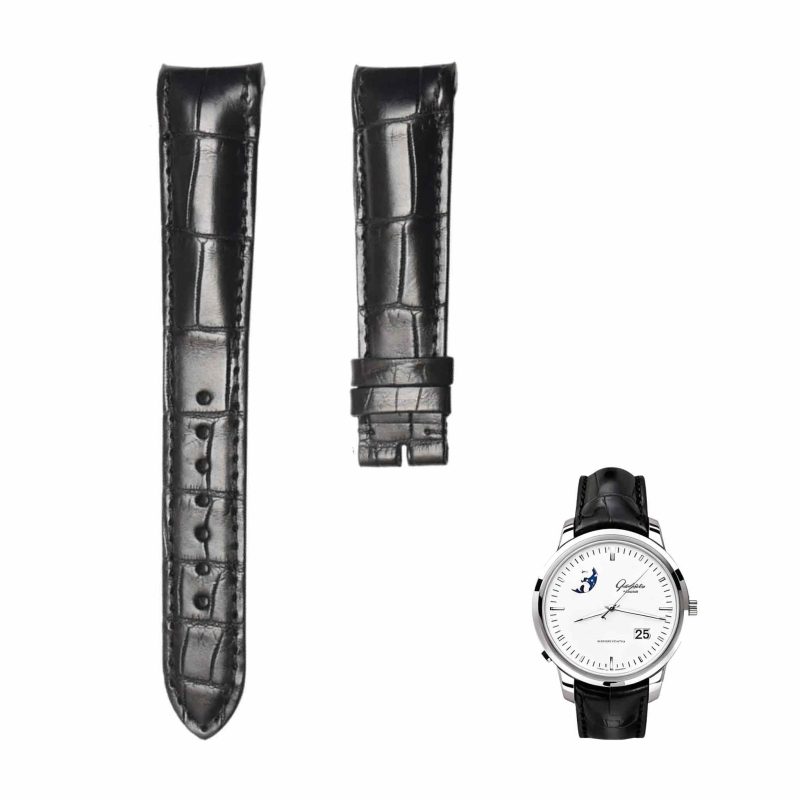 Black cane grain alligator leather watch strap for Glashutte Original Senator 100‑04‑13‑02‑04