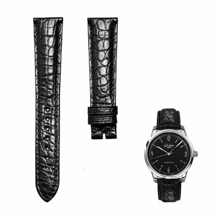 Black round‑grain alligator leather watch strap for Glashutte Original Vintage 1‑39‑52‑04‑02‑04