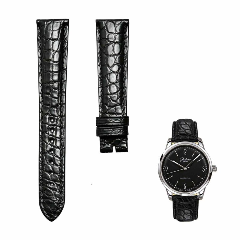 Black round‑grain alligator leather watch strap for Glashutte Original Vintage 1‑39‑52‑04‑02‑04