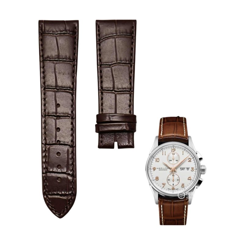 Dark brown cane‑grain calf leather watch strap without buckle for Hamilton Jazzmaster H32766513