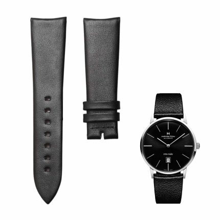 Black flat thin calf leather watch strap without buckle for Hamilton American Classic H38755731