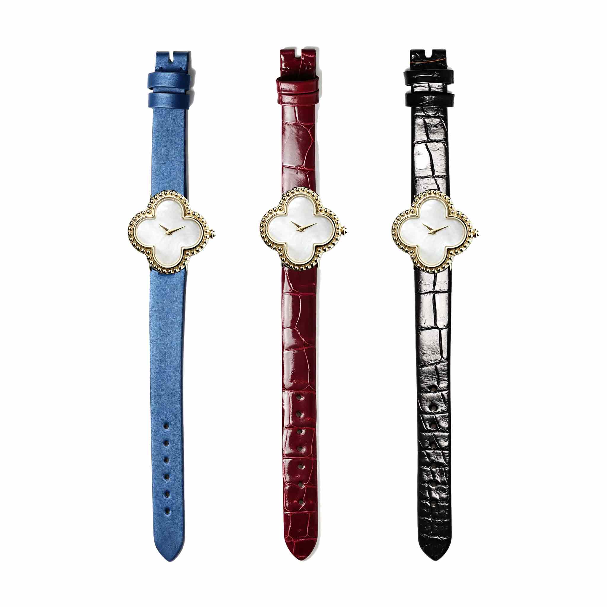 Group view of silk and alligator leather watch straps for Van Cleef & Arpels Alhambra VCARD21800