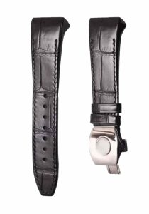 Black cane grain alligator leather watch strap with silver deployant buckle for Franck Muller Men's Collection V45 SC DT YACHTIN