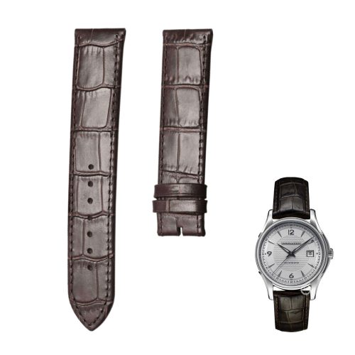 Dark brown cane‑grain calf leather watch strap without buckle for Hamilton Jazzmaster H32515555